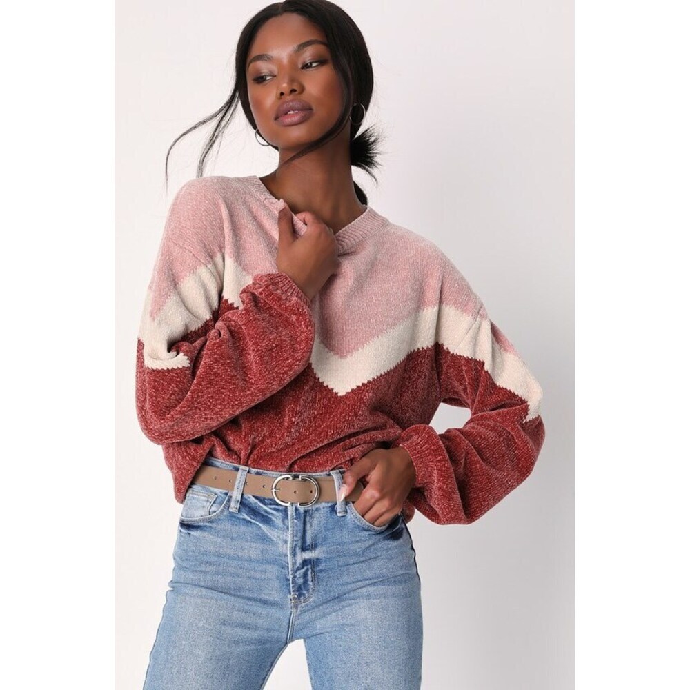 Lulus Constant Cuddles Pink Chevron Chenille Knit Sweater - Size S